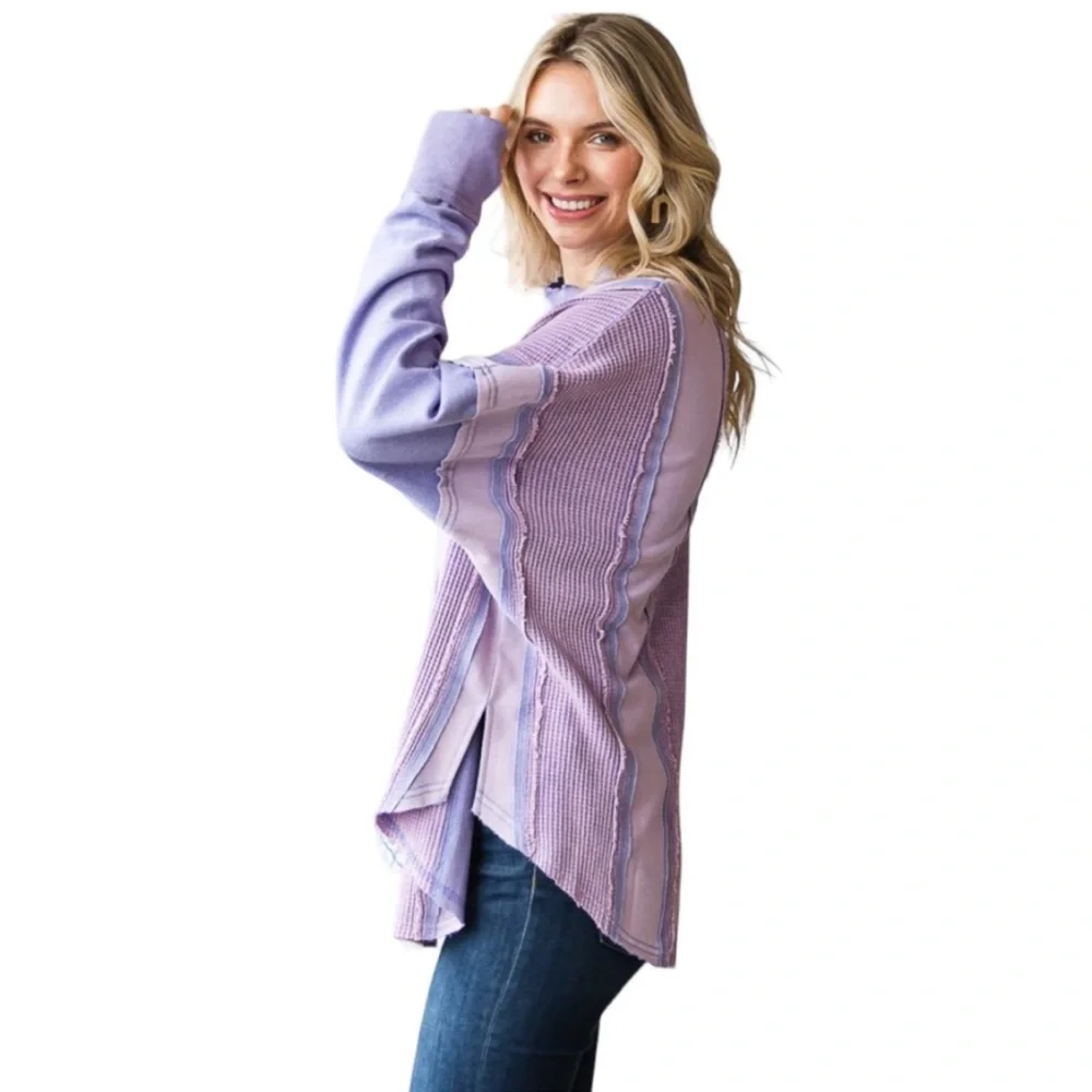 Periwinkle Washed Mixed Fabrics/Long Sleeve Pullover Top /thumbholes/ tunic NWT - Picture 3 of 15